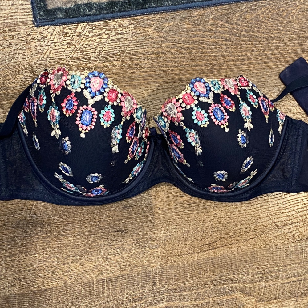 Victoria's Secret Navy Bra with Multicolor Floral Embroidery